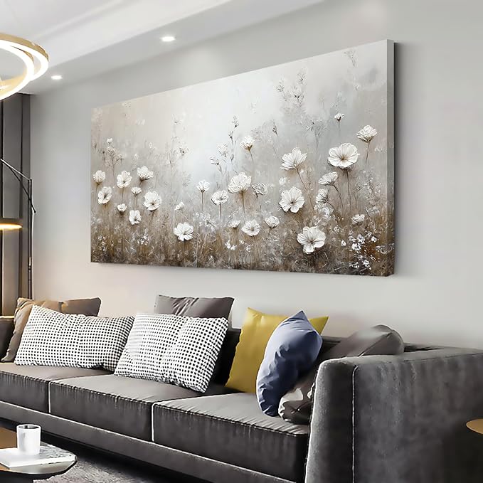 Ggaafet White Floral Wall Art for Living Room Canvas Oil Painting Prints Flower Landscape Scenic Nature Art Deco Retro Rustic Artwork Office Bedroom Farmhouse Room Decor Extra Large