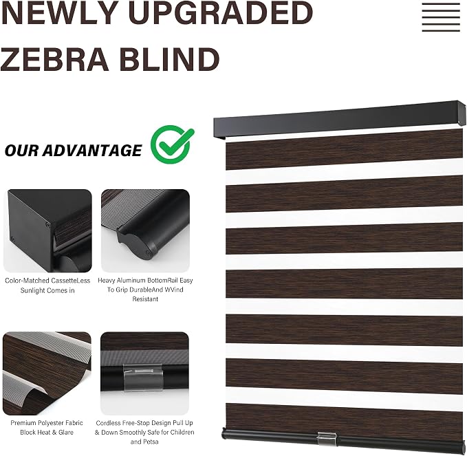 AOSKY Custom Cordless Zebra Blinds for Windows Pull Down Roller Window Shades Dual Layer Light Filtering Privacy for Day and Night, Free-Stop Door Shades for Home Brown