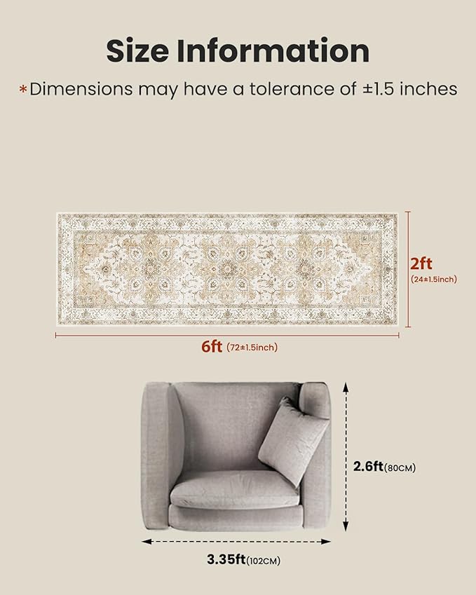 AMADA HOMEFURNISHING 2x6 Washable Runner Rug, Low-Profile Kitchen Rugs with Non-Slip Backing & Durable Edge Binding, Vintage Entryway Runner Rug for Bedroom & Hallway