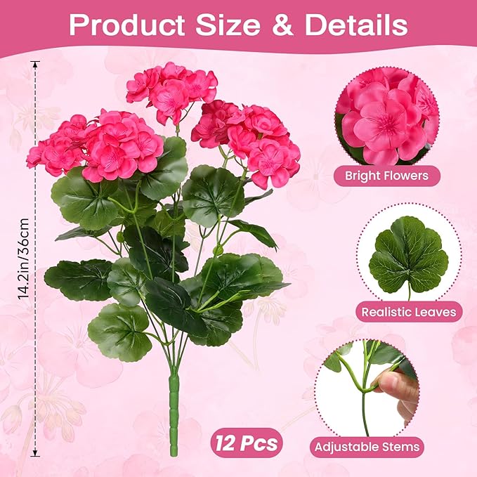 Alupssuc 12 Bundles Artificial Flowers for Outdoors Decoration Silk Geranium, UV Resistant Artificial Outdoor Fake Plants, Faux Flowers for Home Kitchen Table Indoor Outside Spring Decor, DeepPink
