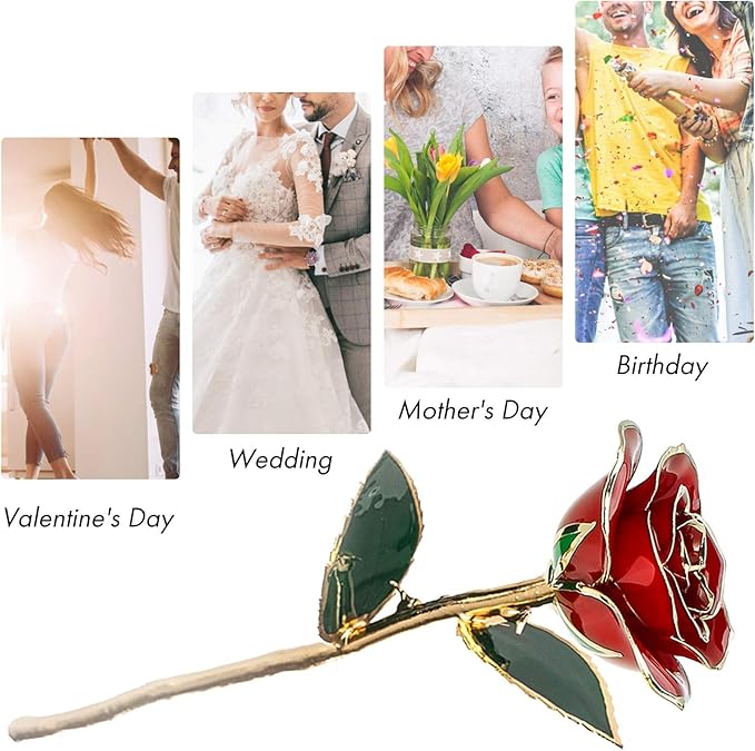 Red Rose Dipped Gold, Golden Plated Eternal Rose Flower with Crystal Stand for Her, Gift for Wife Mom Girlfriend Daughter