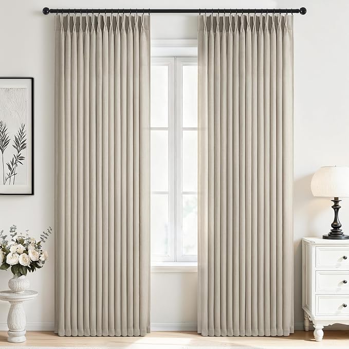 Grey Beige Linen Curtains Pinch Pleated 84 Inch Long 2 Panels for Living Room Bedroom Thick Linen Textured Semi Sheer Rustic Farmhouse Back Tab Pleat Drapes With Hooks Floor to Ceiling Curtains Greige