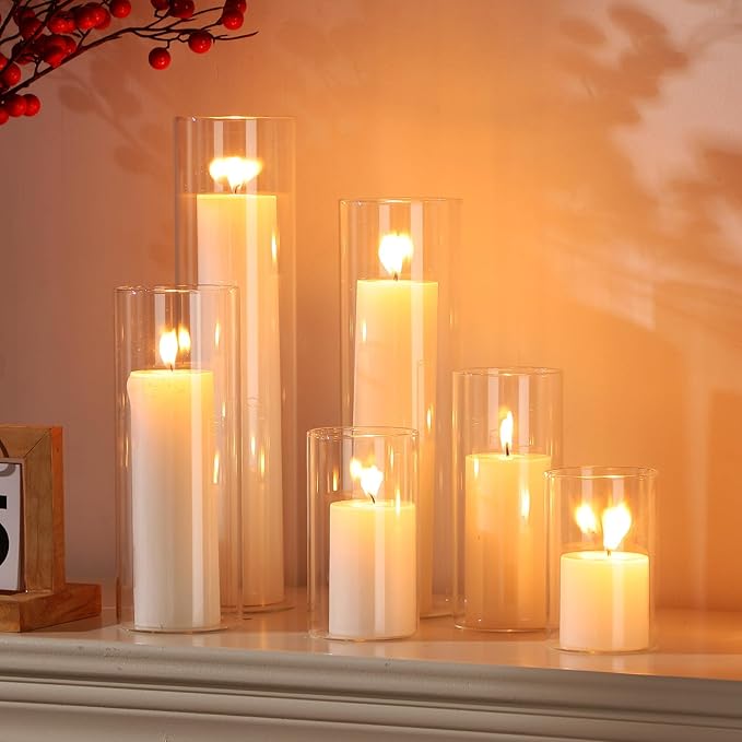 Shihanee Set of 6 Pillar Candles and Glass Cylinder Vases Assorted Sizes Cylinder Holders for Pillar Candles Home Table Centerpieces Wedding Party Decorations (Ivory)