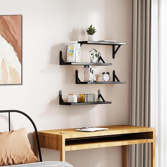 ROMGUAR CRAFT Wood Floating Shelves Set of 4, Rustic Storage Decor Wall Shelves, Wall Mounted Shelf for Living Room, Bedroom 17" x 6", Black