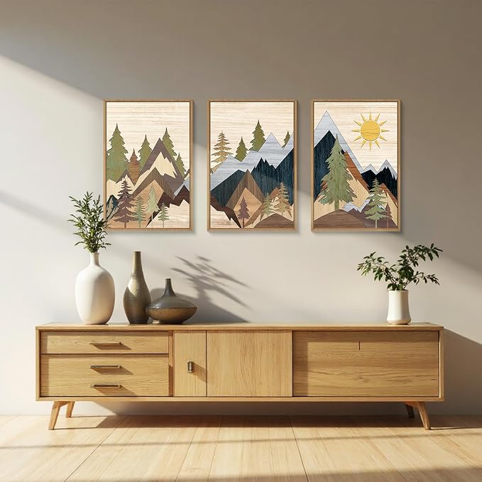 Ausri Boho Mountain Pine Tree Framed Canvas Wall Art Set, Nature Wilderness Illustration Wall Decor, Woodcut Forest Wall Painting, Mid Century Modern Art Print for Living Room Bedroom Office 16"x24"x3