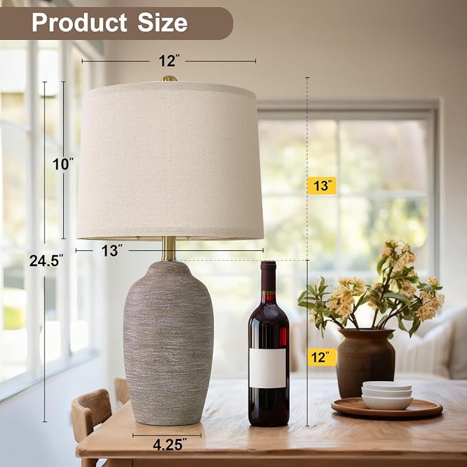 USumkky 24.5" Handcrafted Ceramic Table Lamp with 5FT Cord, Single Farmhouse Vintage Rustic Bedside Lighting for Living Room Bedroom Entryway Linen Shade Nightstand End Table Decor (Bulb Not Included)