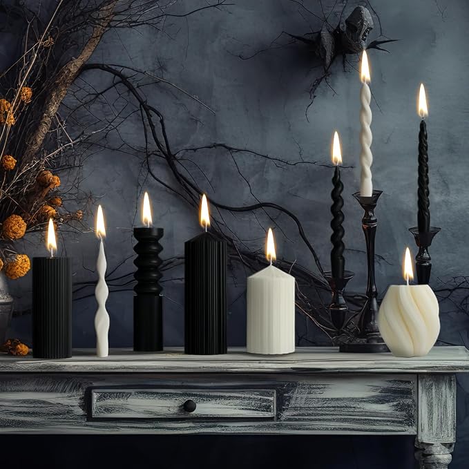 Nuanchu 9 Pcs Modern Decorative Candles Set 5 Pillar Aesthetic Ribbed Candles 4 Spiral Taper Twisted Candlesticks Scented Smokeless Soy Wax for Wedding Holiday Dinner Home Decoration(Halloween Color)