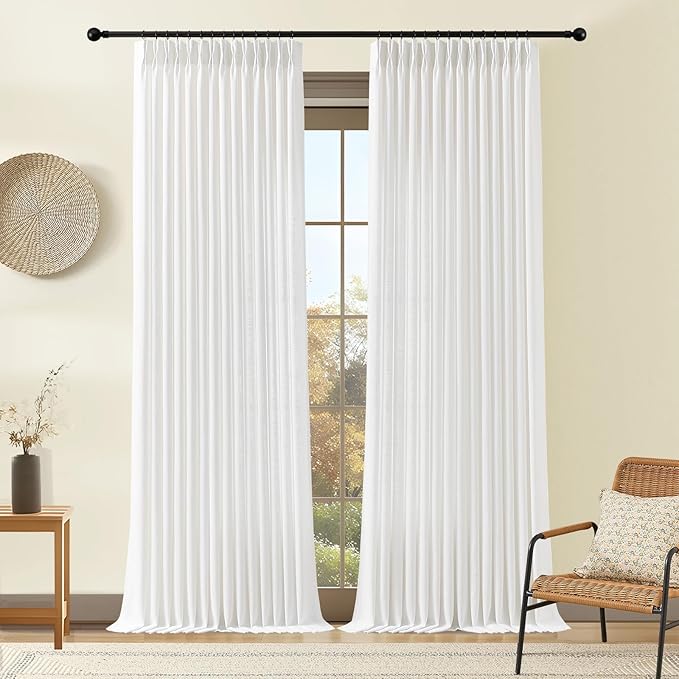 White 102 Inch Long Curtains Pinch Pleated Curtain for Living Room, Floor to Ceiling Light Filtering Pleat Drapes Textured Thick Semi-Sheer Curtains with Hooks for Bedroom Dining Room 2 Panels