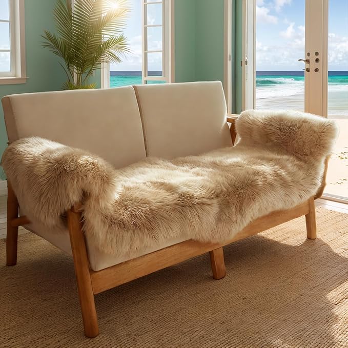 Fluffy Patchwork Sheepskin Rug with Little Patches, Fuzzy Shaggy Fur Genuine Wool Area Carpet for Bedroom Living Room Floor, Pray Pup Mat, Chair Sofa Seat Cover, Light Brown, 2' x 6'