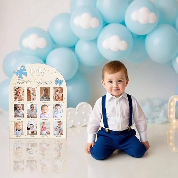 Aukolass Bow One Year of Photo Board, My First Year Photo Photo Board 12 Monthly Milestones Picture Frame for Baby Girl 1st Birthday Decorations (pink) (blue, fit 2" x 3" photo)
