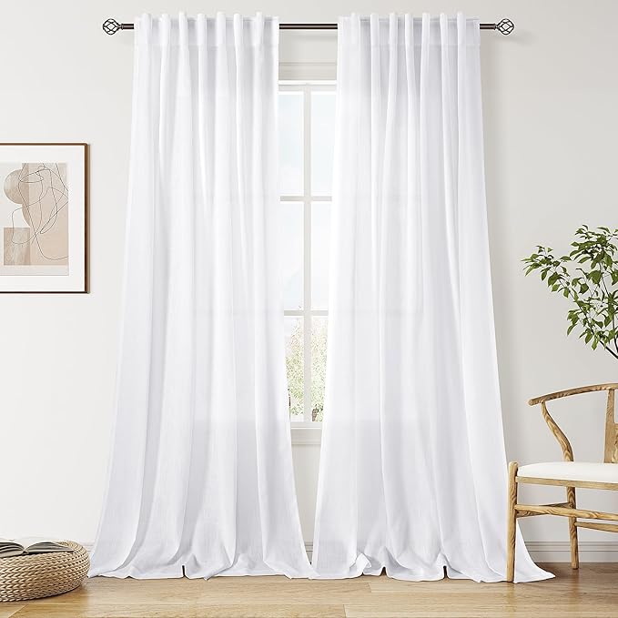 Snow White Linen Curtains 108 Inches Long for Living Room Light Filtering Semi Sheer Curtain Back Tab Luxury Neutral Modern Farmhouse Decor Floor to Ceiling High Window for Bedroom 52x108,2 Panels