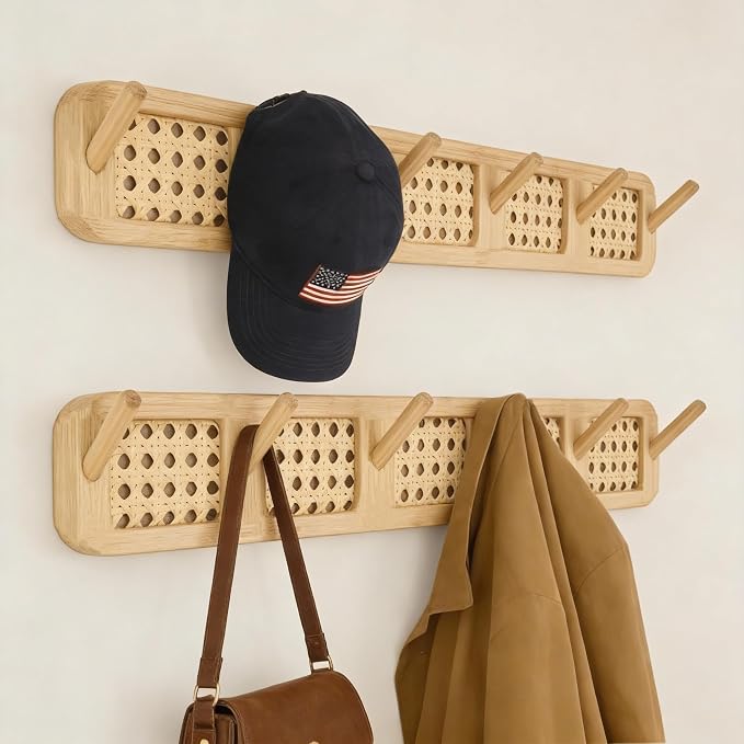 Coat Rack Wall Mount, Rattan Coat Hooks Hanger Wall Mounted | 6 Heavy Duty Bamboo Hooks Rack Rail for entryway Hanging Clothes Hats Bags Jackets Towels Plants,Natural