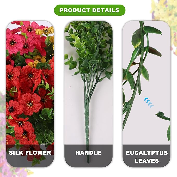 ADXORA 12 Bundles Artificial Flowers,Faux Plants for Spring Summer Decoration, UV Resistant Colorful Violets Eucalyptus for Outside Home Planter Porch Patio Yard Decor