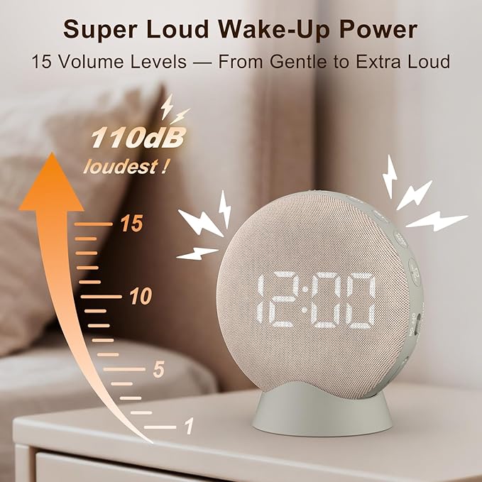 SolaceRise Super Loud Alarm Clock for Heavy Sleepers: Vibrating Digital Auto-Dim Clock with Bed Shaker for Hearing Impaired - Portable Rechargeable Battery for Bedroom Travel Dorm - Putty