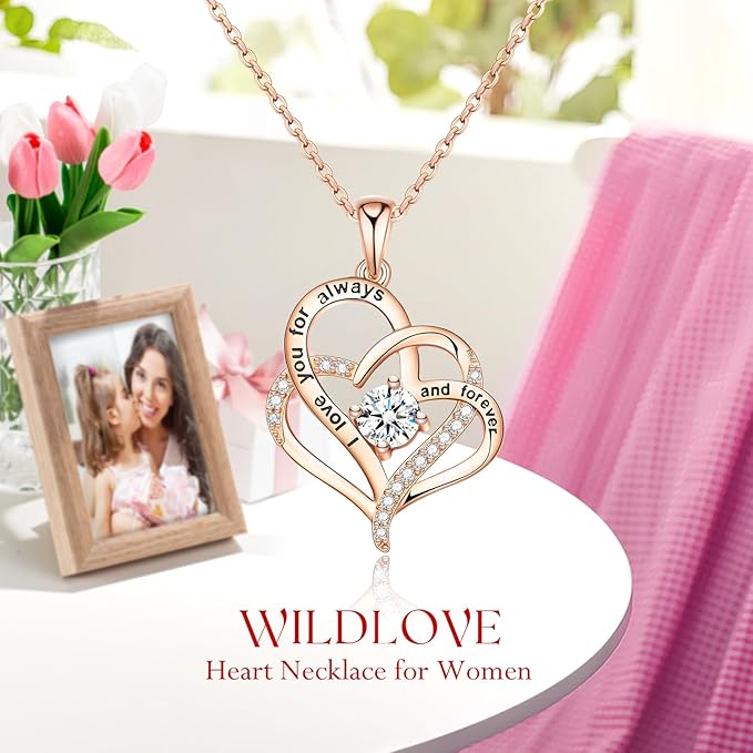 WILDLOVE Forever Real Rose with Heart Necklace, Preserved Flowers Gifts for Mom, Wife and Girlfriend on Christmas, Mother's Day, Anniversary, Birthday Gifts for Women, I Love You for Her