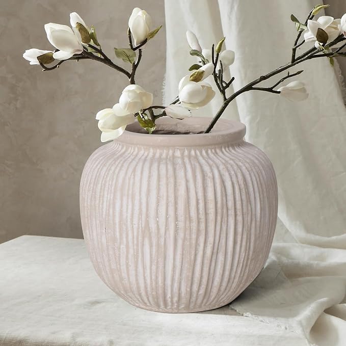 Oakrain Large Rustic Decorative Vase, 9" Distressed Round Floor Vase for Home Decor, Farmhouse Centerpieces Planters for Living Room Indoor Outdoor Use, Vintage White