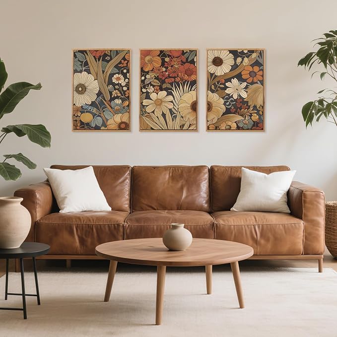 CHDITB Boho Burnt Orange Terracotta Wildflowers Framed Wall Art(12"x16"), 3 PCS Abstract Floral Canvas Artwork, Large Modern Vintage Botanical Nature Art Wall Decor for Home Office Living Room Bedroom