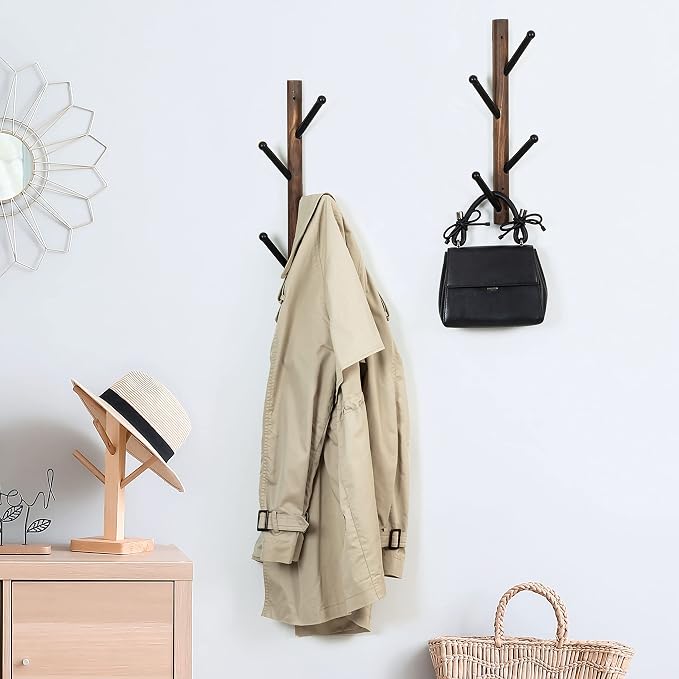 MyGift 4 Hook Wall Mounted Rustic Brown Solid Wood and Black Metal Hat Coat Hanger Tree, Vertical Entryway Hanging Garment Rack with Branch Style Hooks, Set of 2