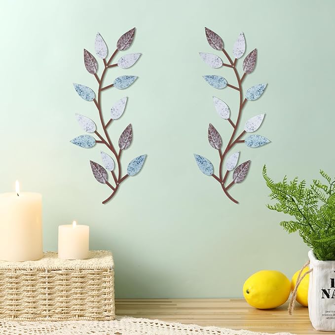 Zhengmy 2 Pieces Metal Tree Leaf Wall Decor Vine Olive Branch Leaf Wall Art Living Room, Hallway Wall Decor Outdoor Decoration(Blue Brown Colors)