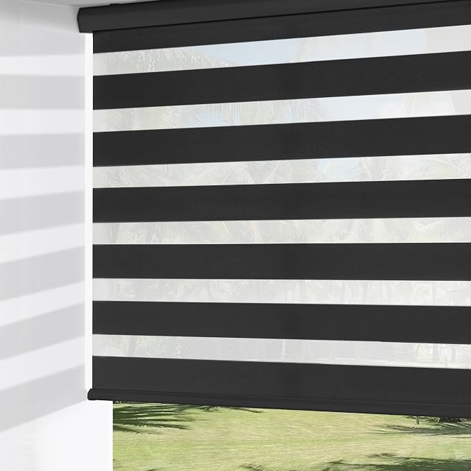 ChrisDowa Cordless Zebra Blinds for Windows, Dual Layer Free-Stop Light Filtering Window Roller Shades, Pull Down Privacy Zebra Shades for Home, Office, Bedroom, Door (45" W x 72" H, Black)