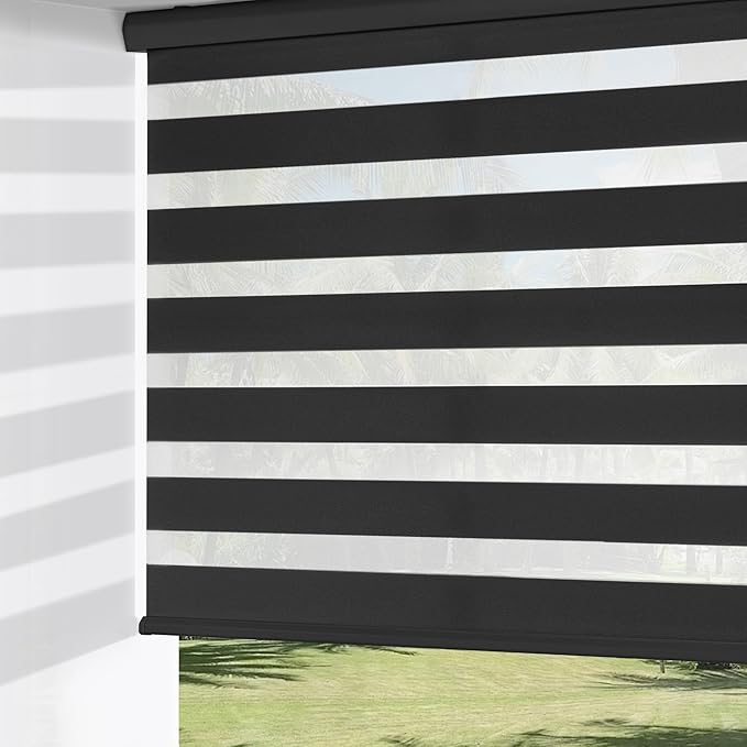 ChrisDowa Cordless Zebra Blinds for Windows, Dual Layer Free-Stop Light Filtering Window Roller Shades, Pull Down Privacy Zebra Shades for Home, Office, Bedroom, Door (35" W x 72" H, Black)