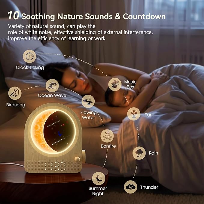 blonbar Sunrise Alarm Clocks for Bedrooms, Stepless Dimmable Moon Lamp Dual Alarm Clock with 12Levels Volume for Heavy Sleepers, 10 Natural Sounds with 30/60/90mins Timer, Gifts for Women