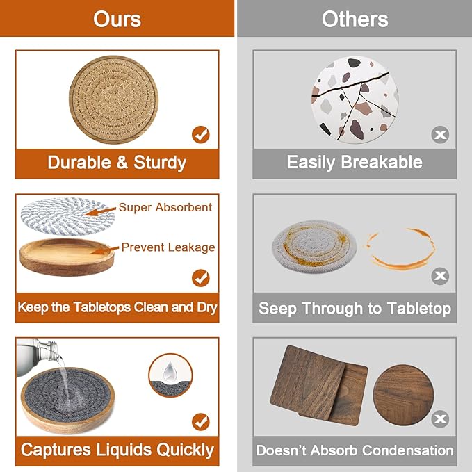 Eykao Coasters for Drinks Absorbent Sets of 8, Woven Coasters with Holder, Wood Coasters for Coffee Table, Housewarming Gift for Farmhouse Home Decor, 4 inches Brown & Gray