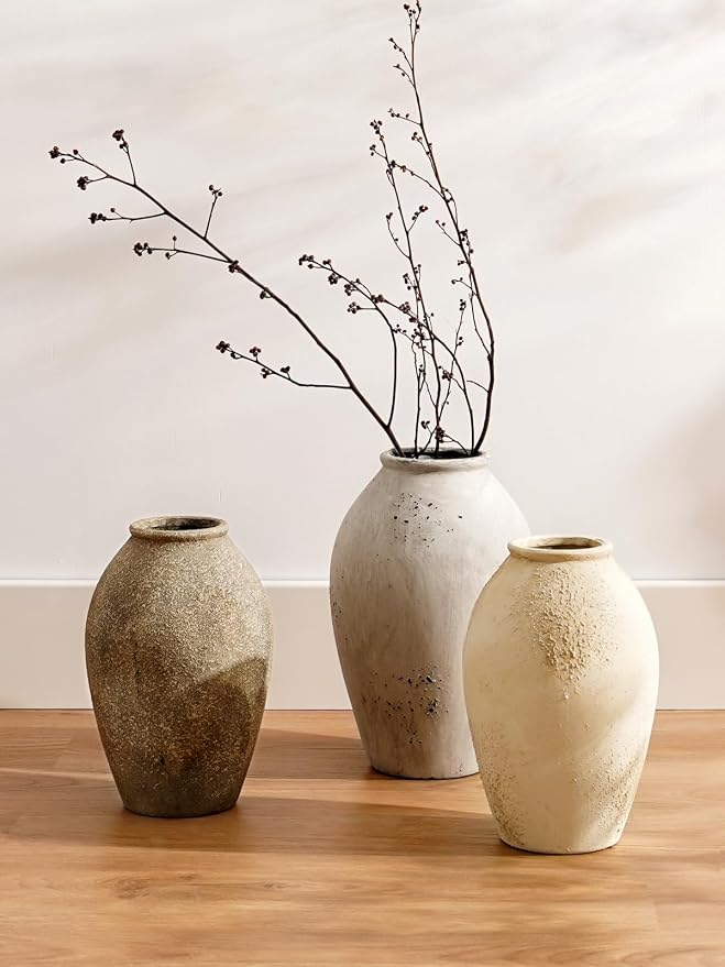 LE TAUCI Ceramic Flower Vase, 13.2 Inch Large Rustic Farmhouse Vase, Tall Floor Vase for Home Decor, Living Room Table & Mantel Centerpiece, Watertight & Sturdy, Matte Sandy Beige White