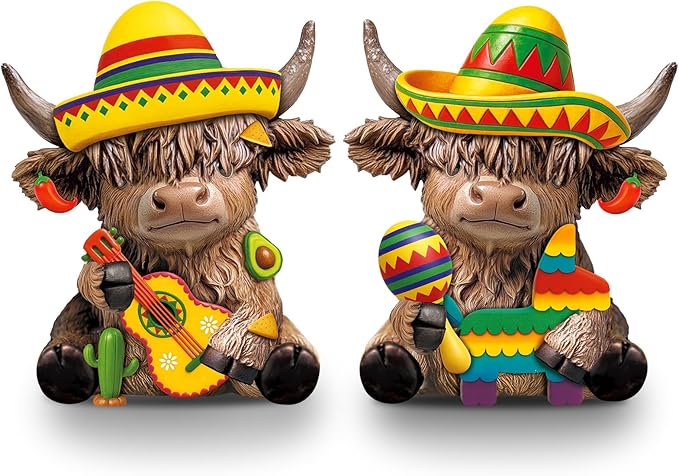 Karenhi 2 Pcs Cinco de Mayo Highland Cow Figurines, Mexican Resin Cow Gnomes Sombrero Guitar Maracas Scottish Statue Calf Lovers Gifts for Fiesta Home Garden Kitchen Office Tiered Tray Table Decor