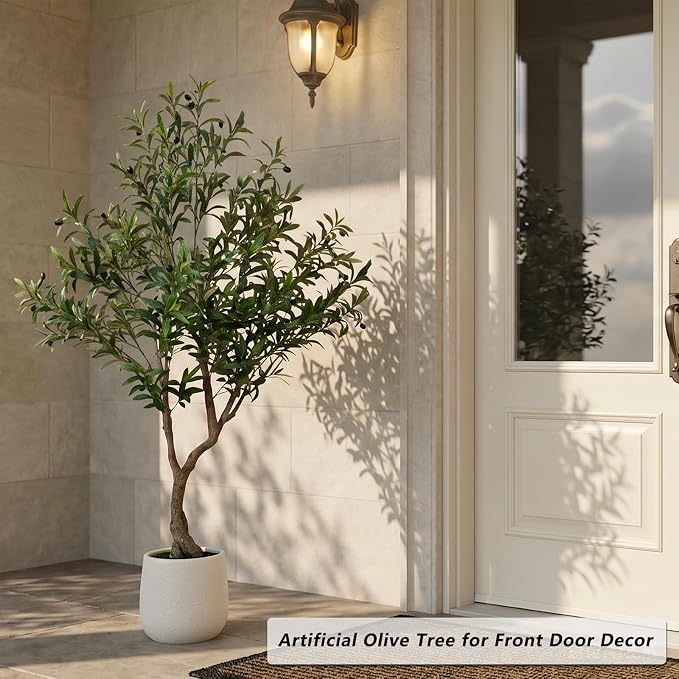LYLYFAN Olive Tree Artificial Indoor 6FT Faux Olive Tree with White Tall Planter, Fake Olive Tree with Realistic Branches and Lifelike Fruits for Home Office Decor
