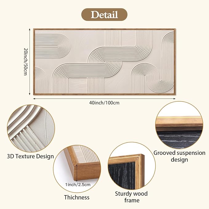 CHDITB 3D Textured Geometric Arch Impasto Relief Curved Line Framed Canvas Wall Art Set, Neutral Earth Tone Minimalist Wall Decor, Modern Art Prints for Living Room Hallway Bedroom Decor 40"x20"