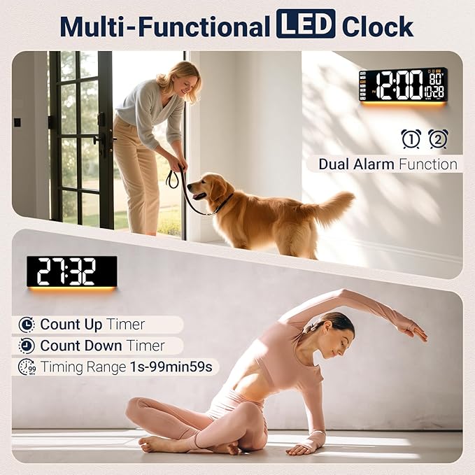 16.5" Large Digital Wall Clock with Remote Control, Auto-Dimming LED Display with Date Temp, Big Number Wall Mount Decor Clock for Seniors, Classroom, Dorm, Home, Office, Gym White