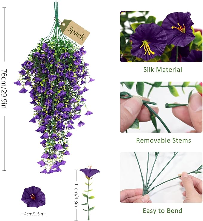 SJL Faux Hanging Plants Outdoor Flowers UV Resistant Fake Plants for Outside Fake Silk Colorful Morning Glory Artificial Eucalyptus Leaves for Arch Backyard Kitchen Spring Outside Decorations(Purple)