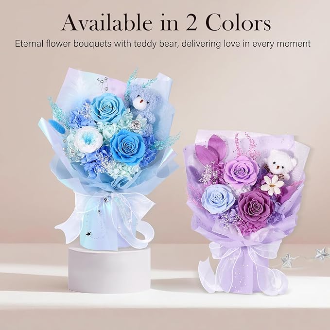 Preserved Flowers Bouquet with Bear, Real Forever Flowers for Delivery, Long-Lasting Blue Eteranl Roses Bouquet, Mothers Day Gifts for Mom Grandma Wife, Anniversary Birthday Gifts for Women Girlfriend