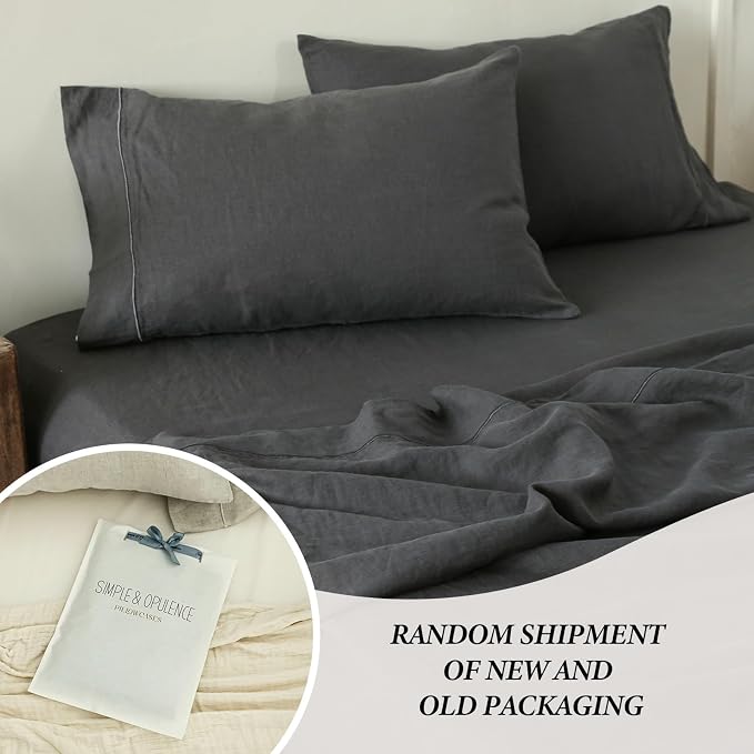 Simple&Opulence 100% French Linen Pillowcase Queen Size-Set of 2- Washed Solid Color Pillow Cases Embroidered -Soft and Durable (Dark Grey, 20''x30'')