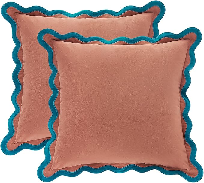 MONDAY MOOSE Decorative Throw Pillow Covers Cushion Cases, Set of 2 Soft Velvet Scalloped Wavy Edge Designs, Mix and Match for Home Decor, Pillow Inserts Not Included (18x18 inch, Teal/Pink)