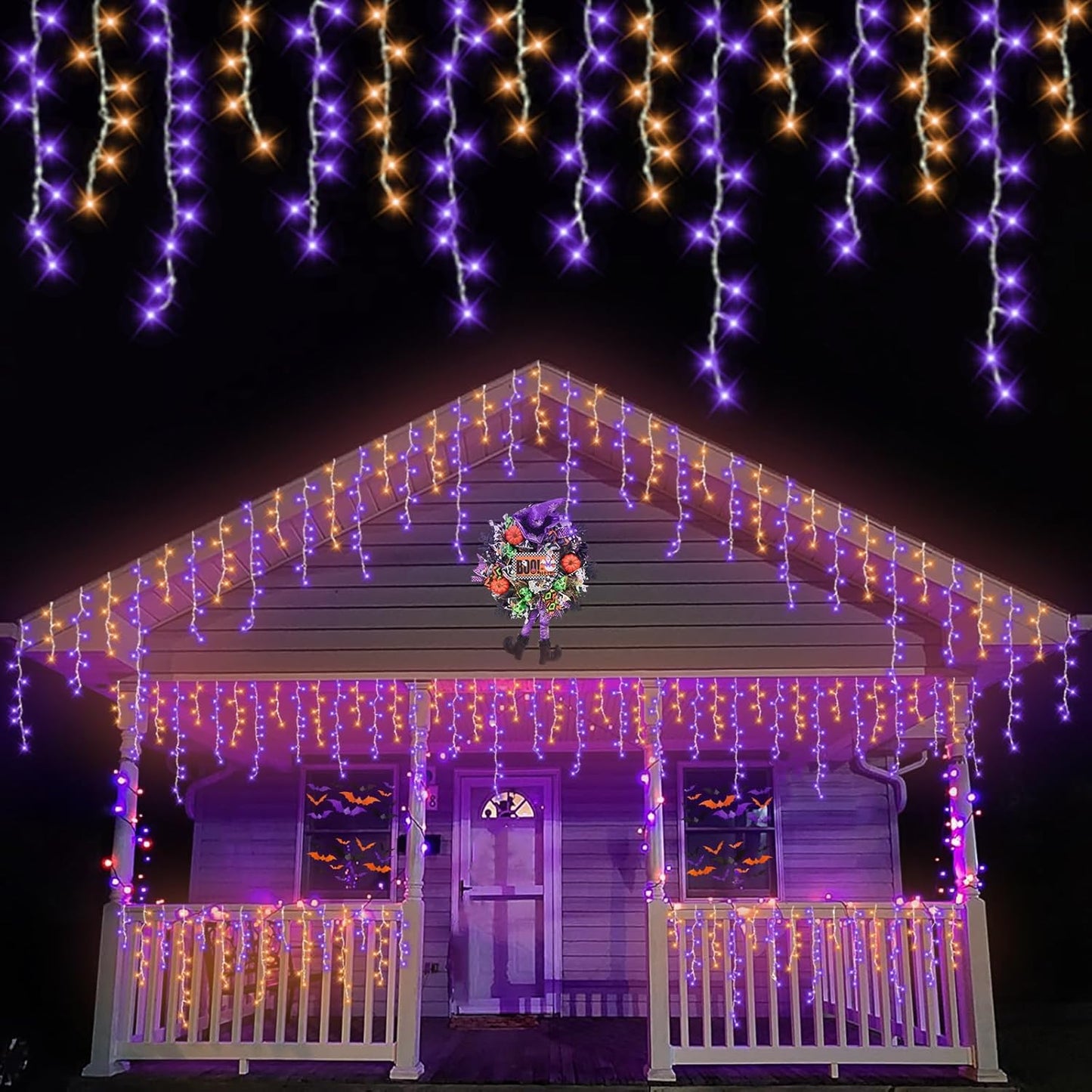 YEGUO 33ft 400 LED Orange and Purple Icicle Halloween Lights, 80 Drops Icicle Lights Connectable, 8 Modes Icicle Christmas Light with Memory Timer