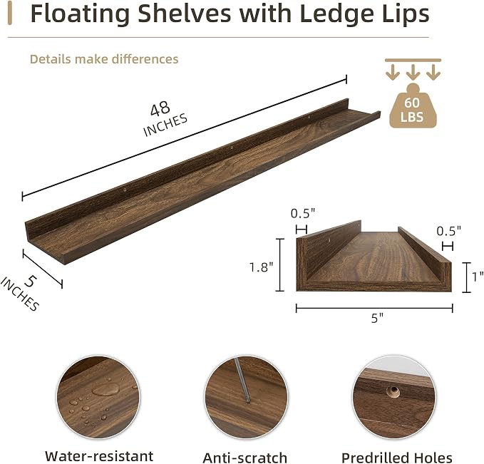 Acovy Picture Ledge Shelf, Wood, 48 inch, Set of 2, Walnut | Long Floating Shelves, Wall Mounted, For Living Room Kids' Room Bedroom, Photo Ledge Nursery Book Shelves