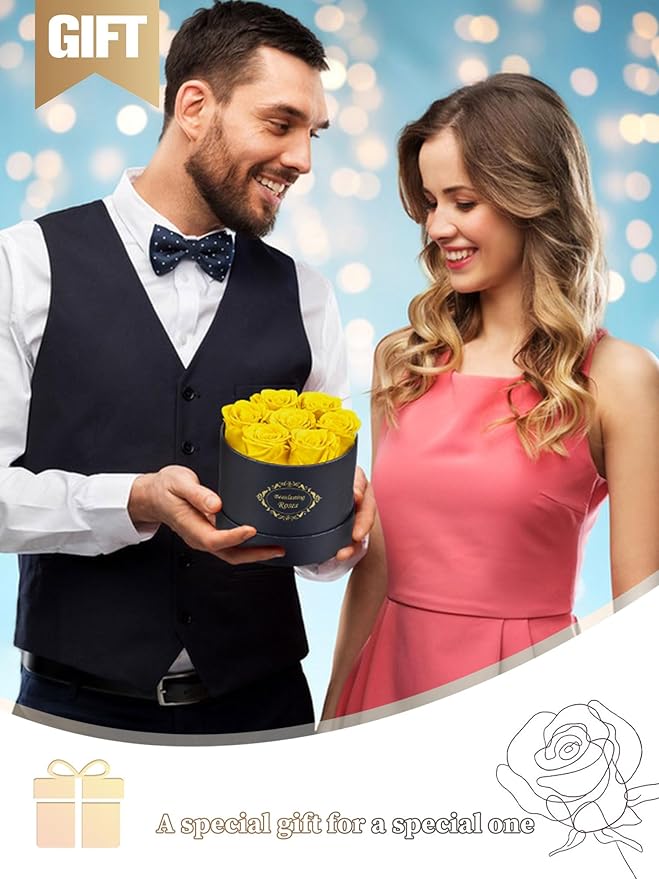 Beaulasting Long Lasting Preserved Roses in a Box Last a Year Forever Flowers for Her Mom Wife Anniversary Birthday (Round Black Box, Yellow)