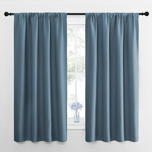 NICETOWN Kitchen Curtains, Short Blackout Curtains & Drapes, Smoky Blue, 42" Wide by 54" Long, 2 PCs, Thermal Insulated Blackout Curtain Panels for Kids Room, Play Room
