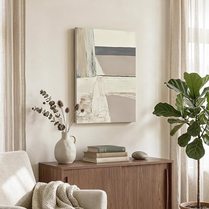 Abstract Canvas Wall Art, 24x36" Hand Painted Original Neutral Oil Painting | Textured White Beige Gray Layered Composition Modern Vertical Wall Decor for Living Room Bedroom Office Framed Ready to Hang