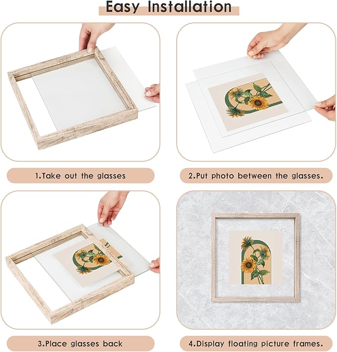 MUYE 10x10 Floating Frame Distressed Beige White Wood Pattern,Double Glass Square Picture Frame Display Any Size Photo up to 10x10,Wall Mount or Tabletop,2 Pack