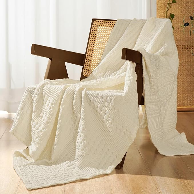 PHF 100% Cotton Waffle Throw Blanket for Couch, Lightweight Breathable and Soft for Summer, Luxury Aesthetic Waffle Weave Blanket for Home Decor & Office, Gifts for Women, 50"x60", Cannoli Cream