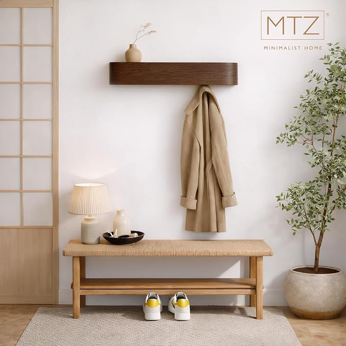MTZ Solid Wooden Wall Mounted Coat Rack with Shelf & 5 Hidden Hooks – Modern Entryway Coat Hanger, Wood Coat Rack for Jackets, Bags & Keys, Minimalist Wall Hook Rack (Walnut)