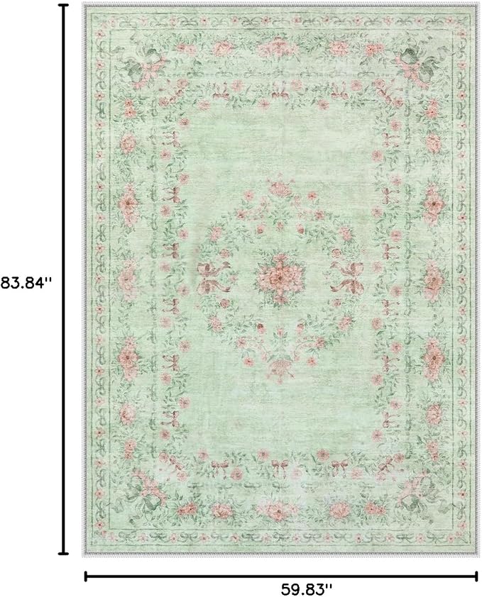 Wonnitar Floral Bow Print Washable Rugs 5x7, Sage Green Rug for Living Room, Ultra-Thin Non Slip Soft Boho Carpet for Dining Room Bedroom Kid Room Playroom, Light Green