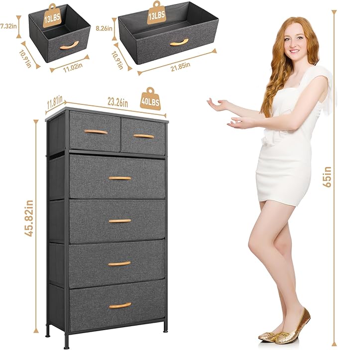 Mifuro Tall Dresser for Bedroom, Vertical Storage Organizer Tower with 6 Drawers, Chest of Drawers with Fabric Bins, Steel Frame, Wood Top for Bedroom, Closet, Entryway- Grey