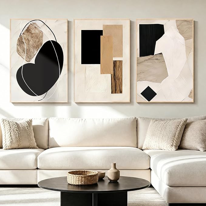 LAATOZ Neutral Abstract Wall Art Framed Canvas Painting, Minimalist Modern Artwork for Living Room Bedroom Bathroom Office Hallway Stairs 16x24 Inch 3 Panels