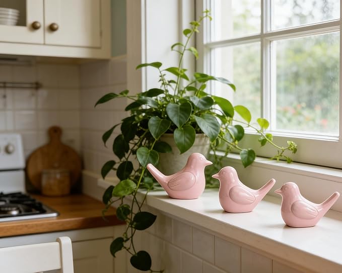 Small Pink Bird Statue Ceramic 2-Piece Set, 3¾ inch Cute Knick Knack for Home Office Shelf Desk Decor