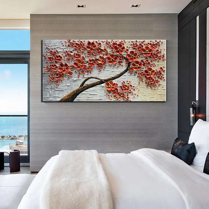 YaSheng Art - 48x24inch Canvas Wall Art, Hand Painted Oil Painting ,Abstract 3D Texture Wall Art Pictures, Red Floral Paintings, Modern Home Bedroom Wall Art Decor, Wall Art for living room, Large Framed oil painting.