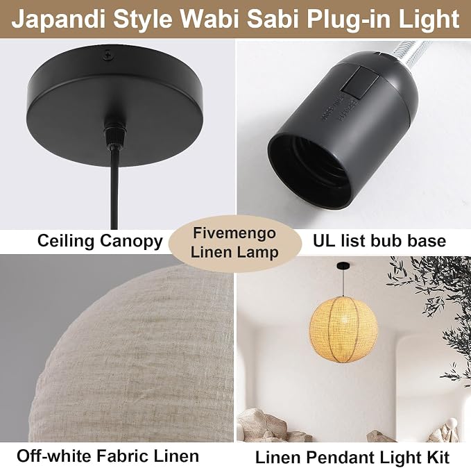 Linen Pendant Light Kit with Cord and Ceiling Canopy, 20in Off-White Round Japanese Japandi Wabi Sabi Lantern Hanging Lamp Chandelier for Living Dining Room Bedroom Rented Apartment 1 Pack
